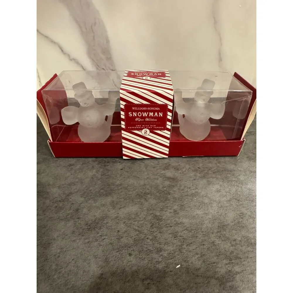 Williams Sonoma Snowman Tiny Taper Candle Holders  Frosted Glass